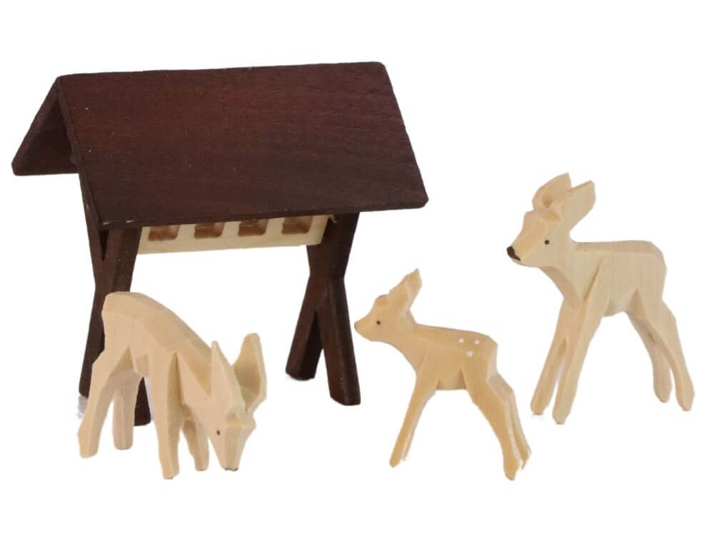 Miniature manger with 3 deer, carved by Romy Thiel