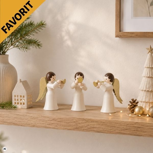 Miniatur Weihnachtsengel mit Trompete, 3-teilig, weiss von Romy Thiel