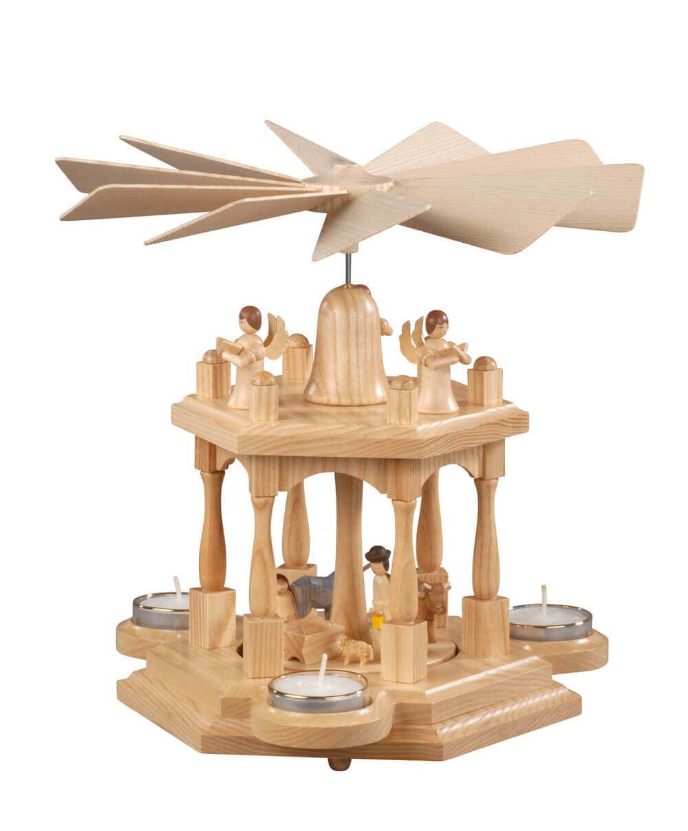 Christmas pyramid for tea lights with Holy Family, 29 cm, natural by Albin Preißler