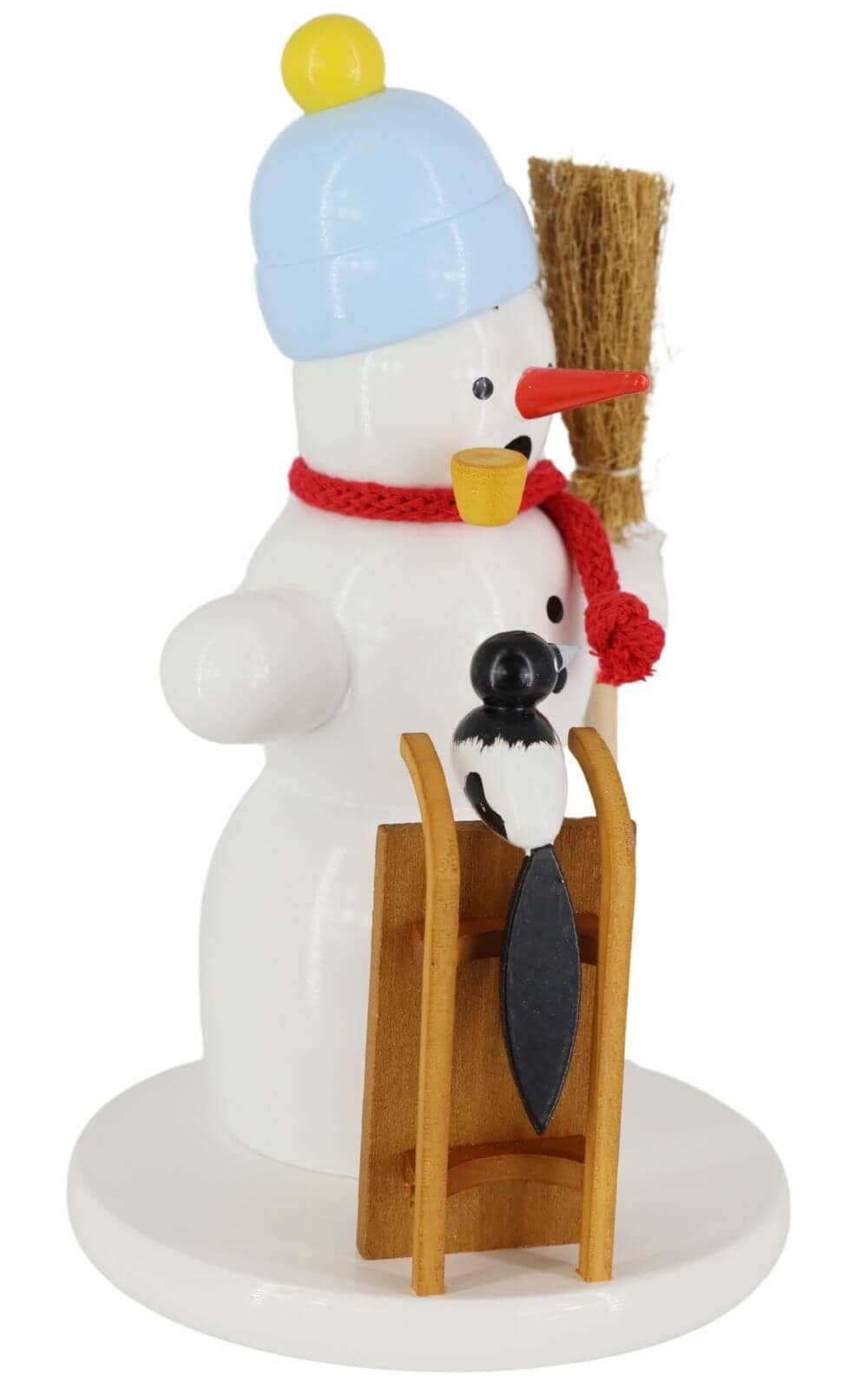 Smoking man snowman with sledge and magpie, 18 cm by Volker Zenker_3