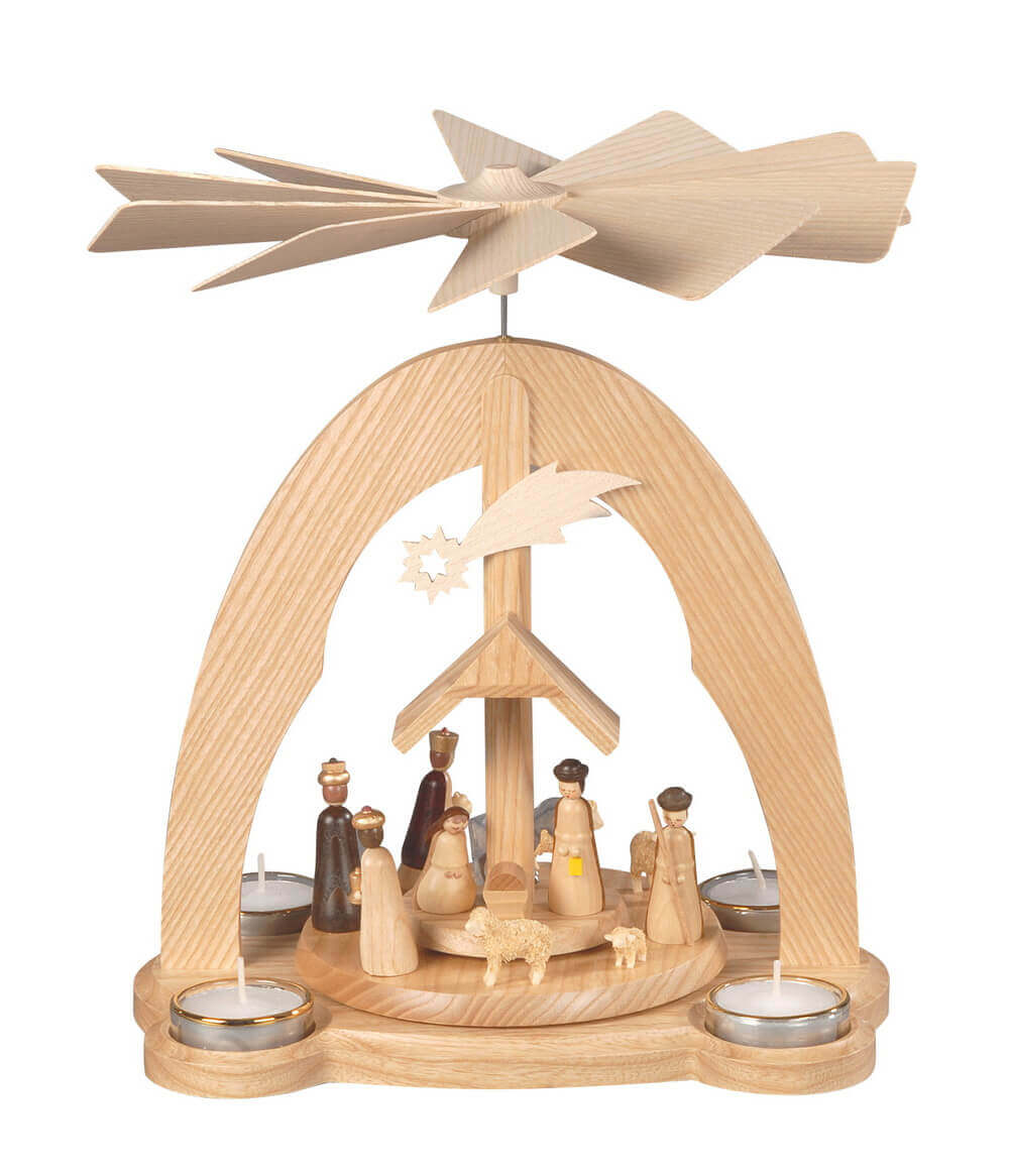 Christmas pyramid for tea lights with Holy Family, 28 cm, natural by Albin Preißler