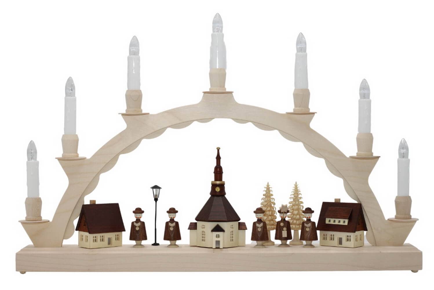 Candle arch with Seiffen village, illuminated Street lamp and church clock from SEIFFEN.COM_2