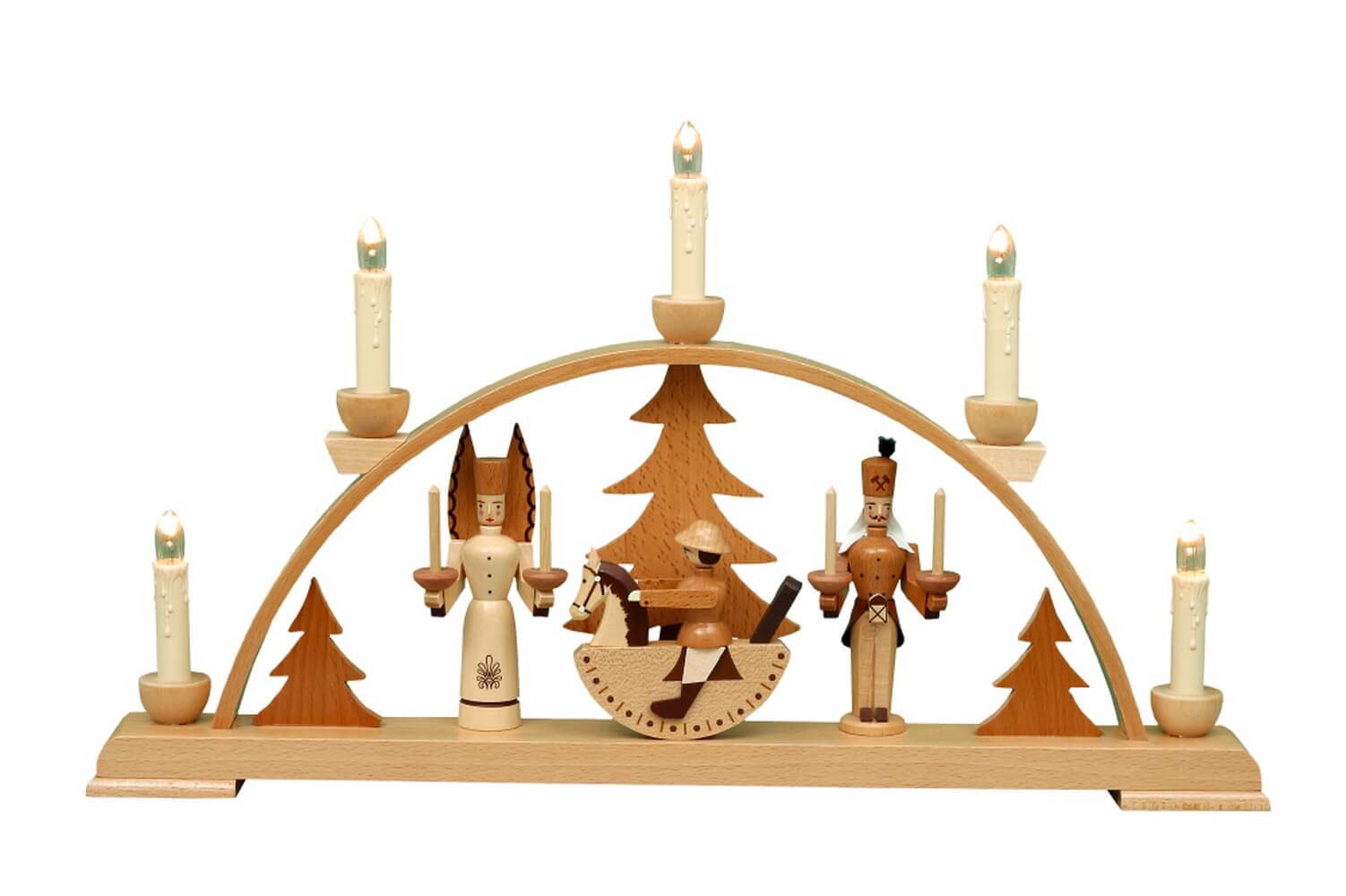 Candle arch Seiffen with angel and miner, nature with white candles from Eckert