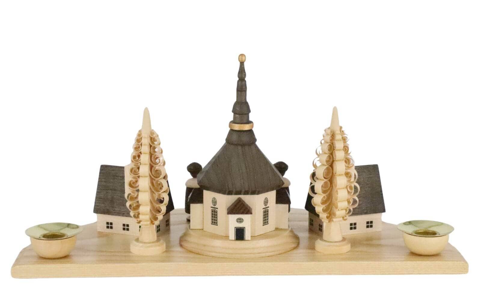 Candle holder with Seiffen village and currende, natural, 30 cm by Albin Preißler_3
