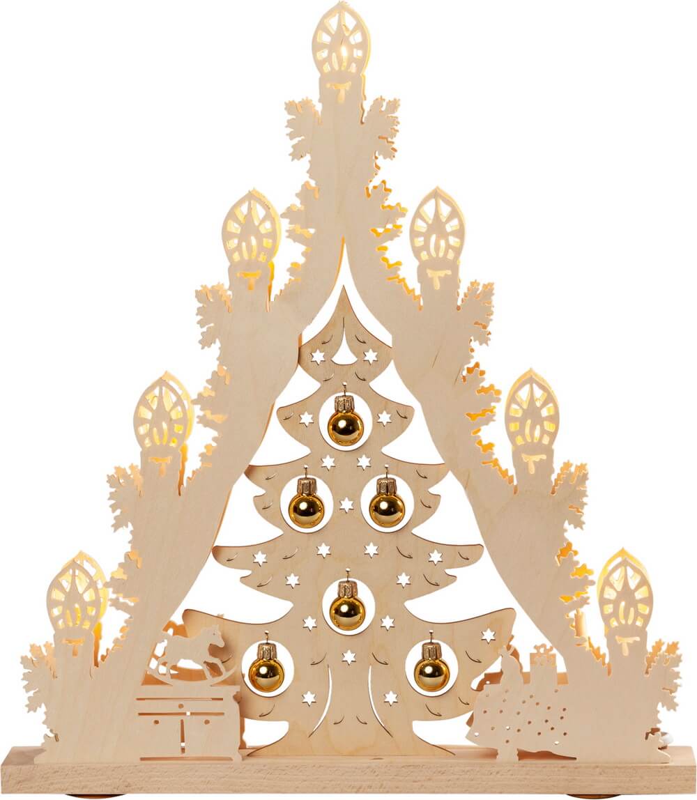 LED lights top Christmas tree with golden balls from Weigla