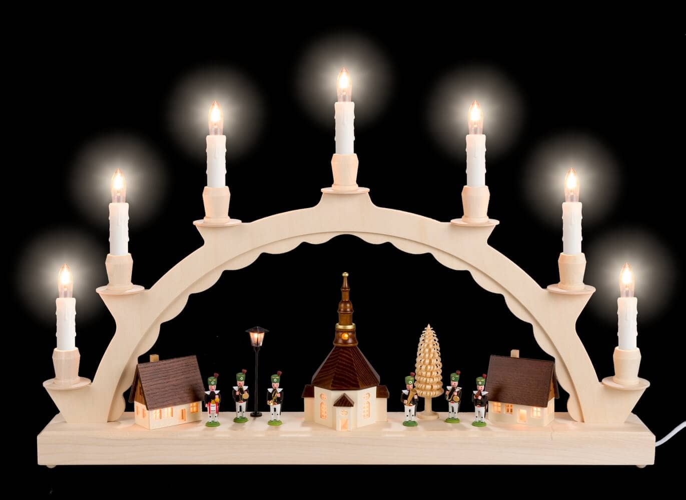 Candle arch Seiffen village with miner's chapel and street lamp by SEIFFEN.COM_1