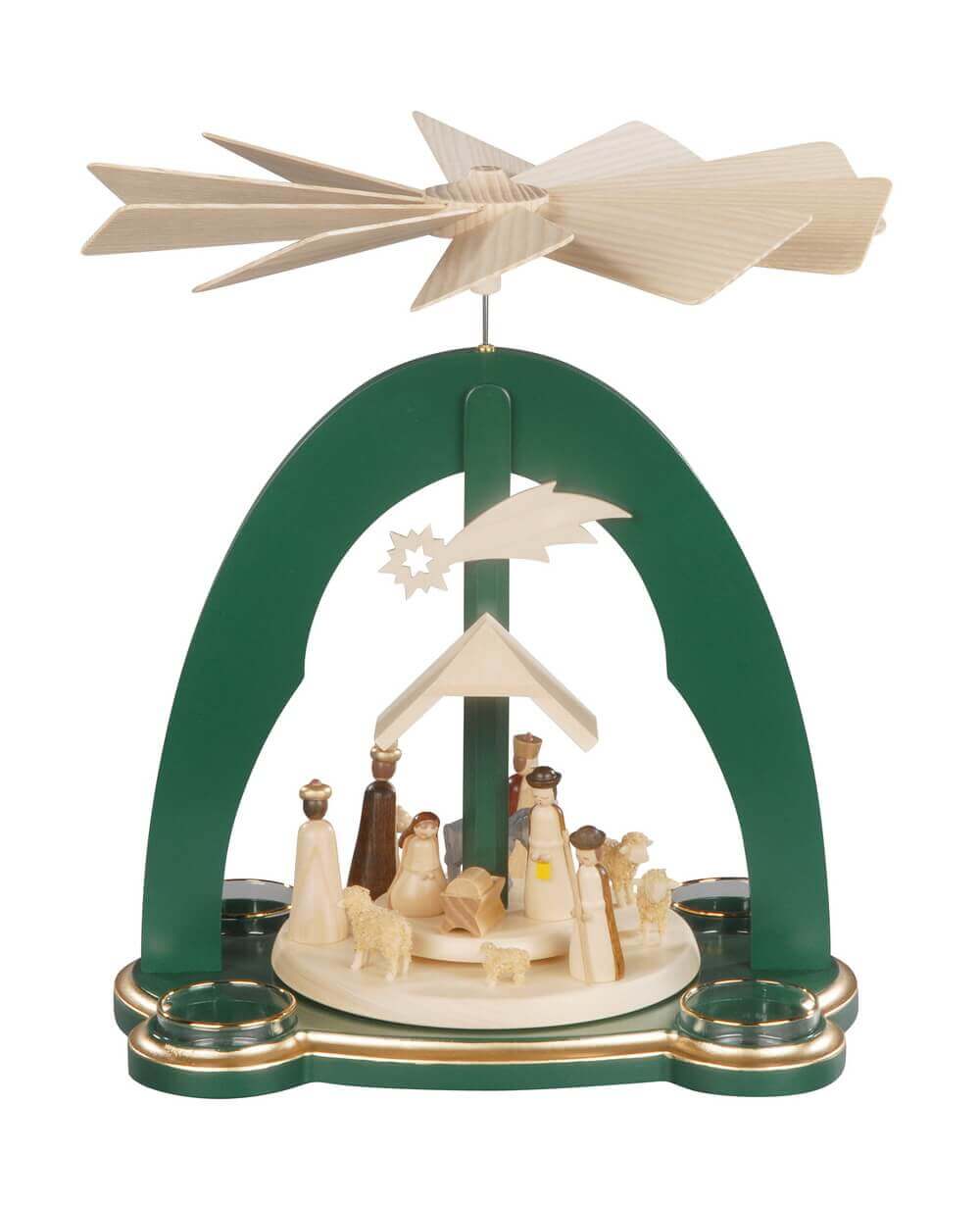 Christmas pyramid for tea lights Holy Family, green, 28 cm by Albin Preißler