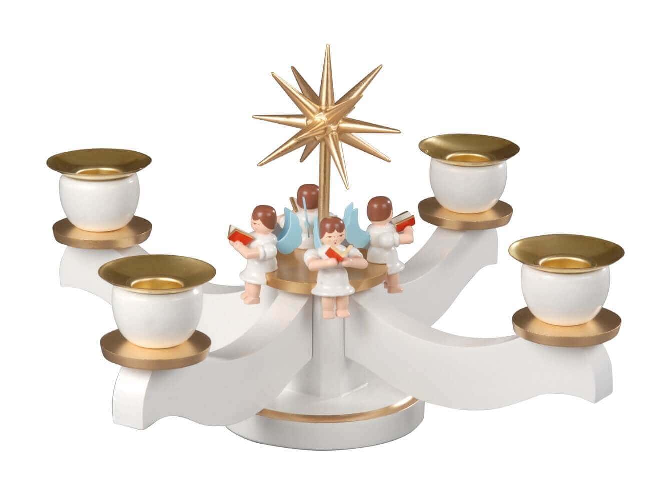 Advent candlestick with 4 sitting angels, white/bronze by Albin Preißler