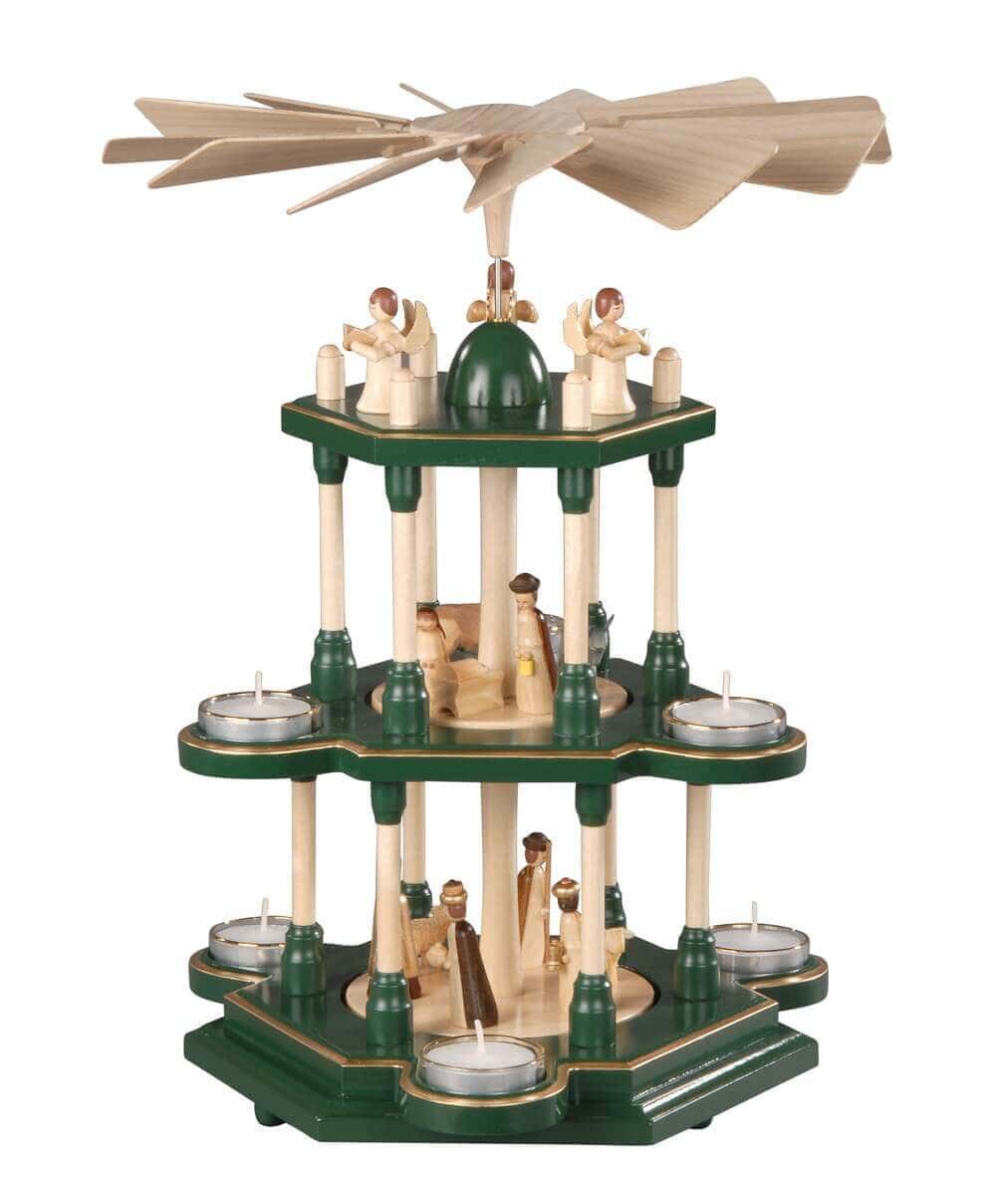 Christmas pyramid for tea lights Holy Family, green, 3-storey, 41 cm by Albin Preißler