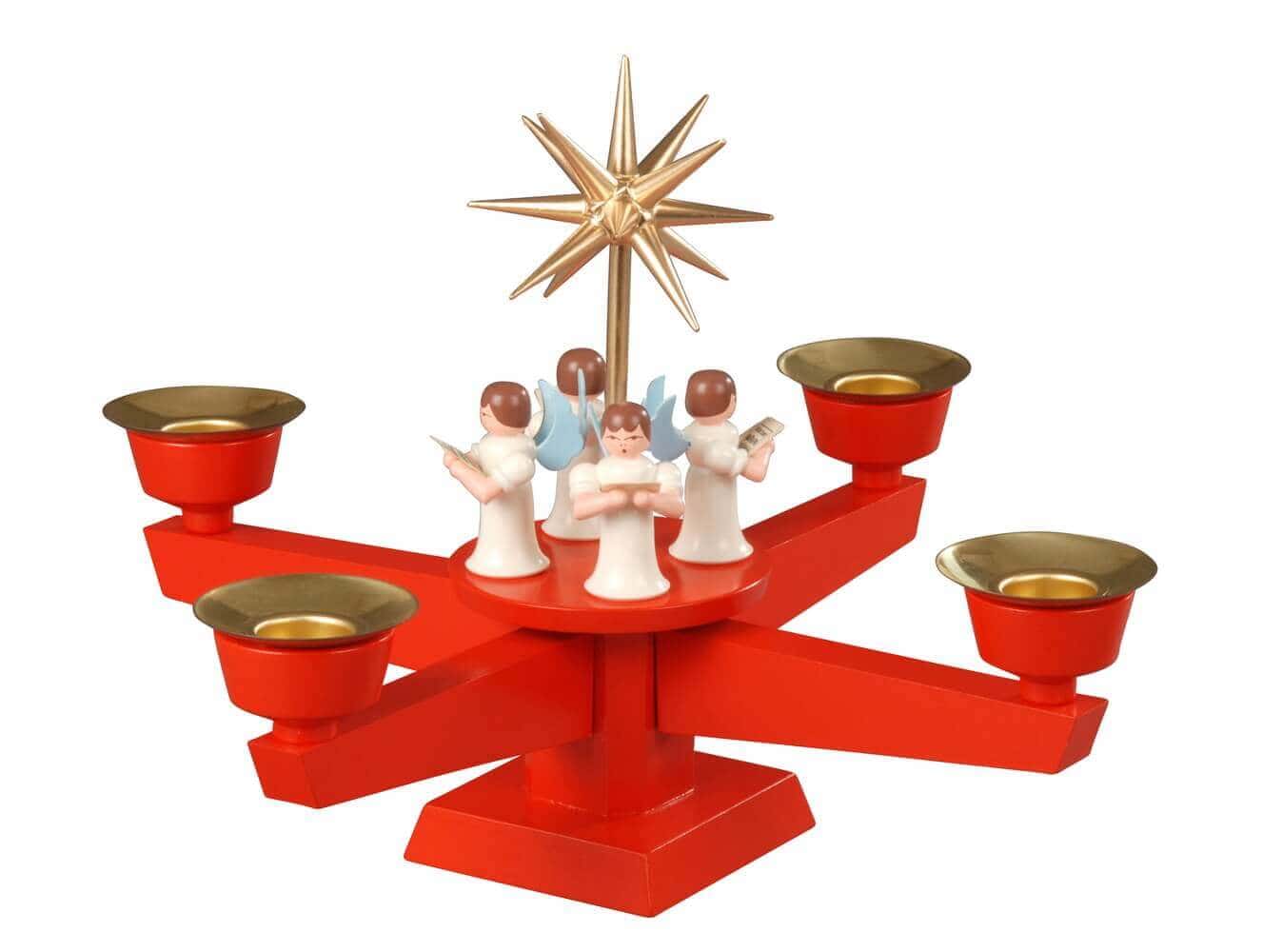 Advent candlestick with 4 standing angels, red by Albin Preißler