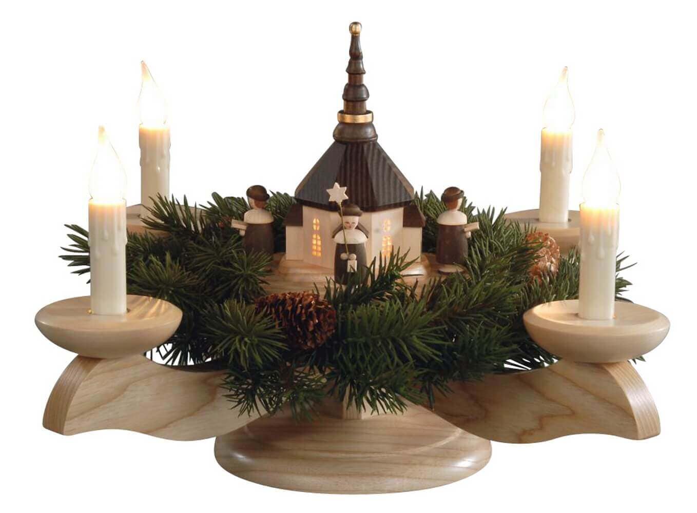 Adventsleuchter mit Seiffener Kirche, Kurrende und Tannenkranz, elektrisch von Albin Preißler
