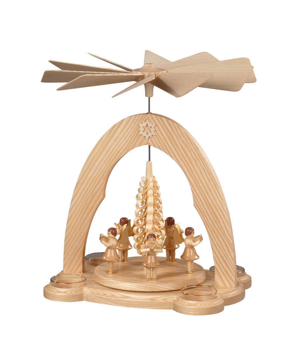 Tealight pyramid 5 angels with chip tree, 28 cm by Albin Preißler
