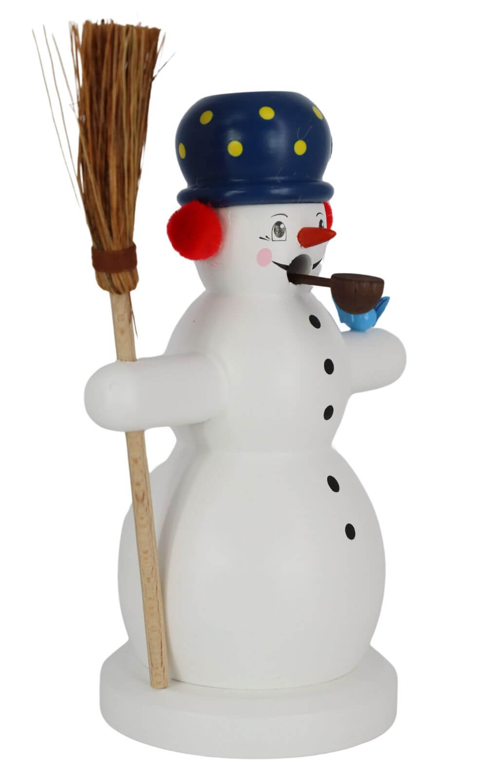 Smoking man snowman with broom and bird, 15 cm, colored by Richard Glässer_2