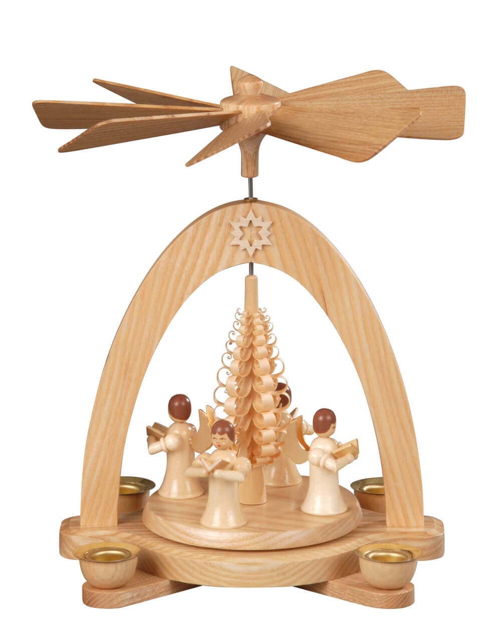 Christmas pyramid with 4 angels and chip tree, natural, 20 cm by Albin Preißler