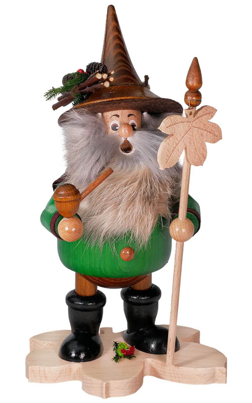 German Incense Smoker Gnome with Chestnut Leaf, green, 25 cm by DWU