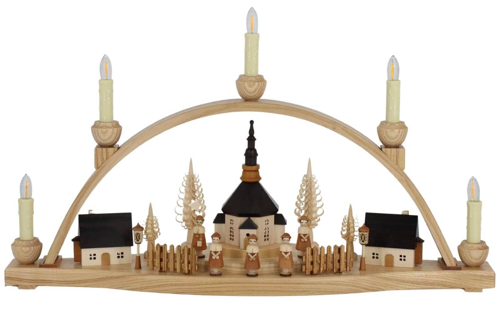 LED candle arch with illuminated Seiffen church, houses and lanterns, 54 cm by Knuth Neuber_2