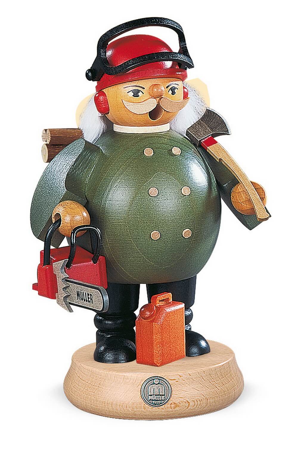 Smoking man lumberjack with chainsaw by Müller Kleinkunst