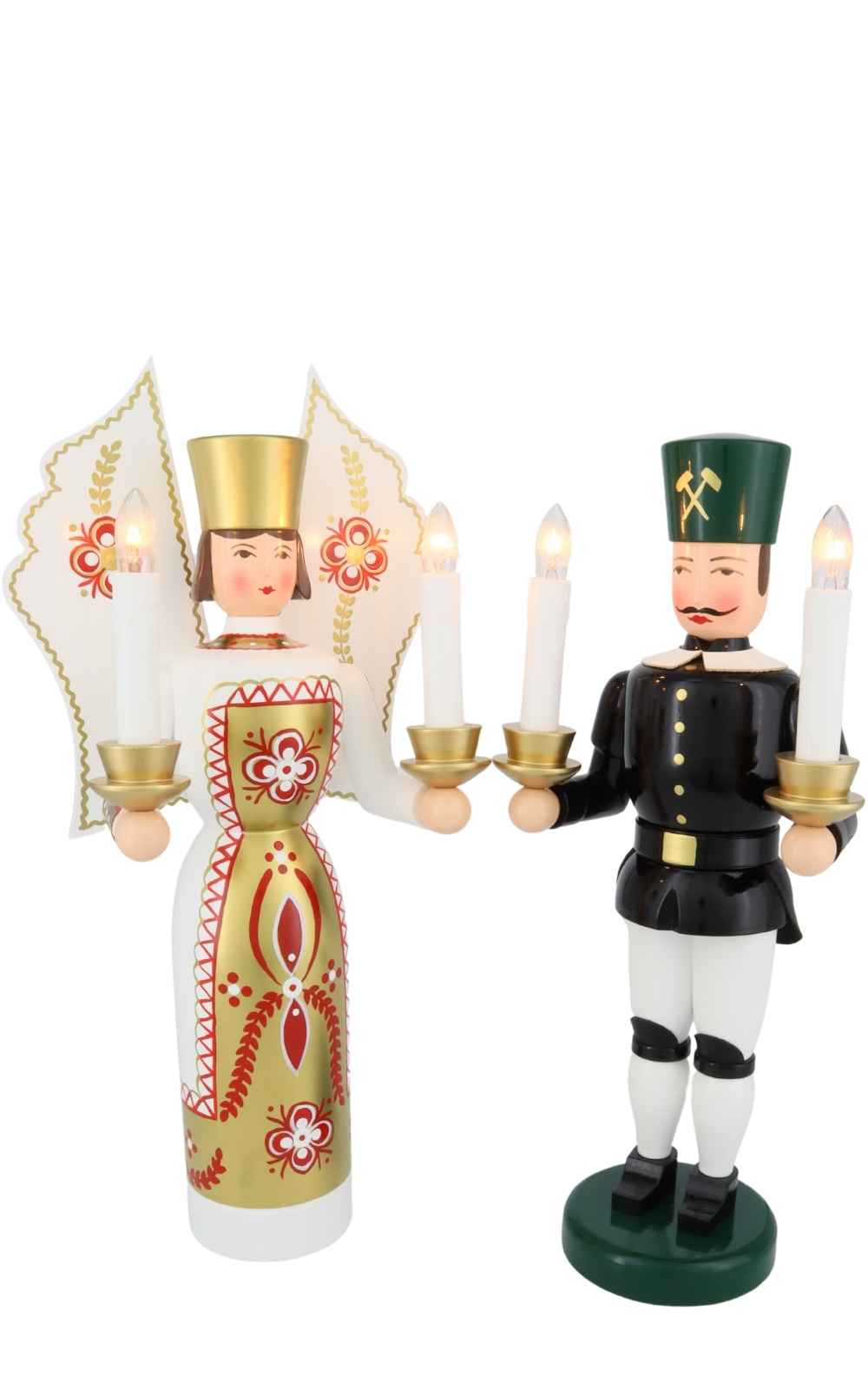 Angel and miner white - gold, 36 cm, electrically illuminated by Holzkunst Gahlenz