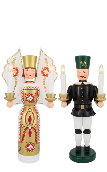 Angel and miner white - gold, 36 cm, electrically illuminated by Holzkunst Gahlenz