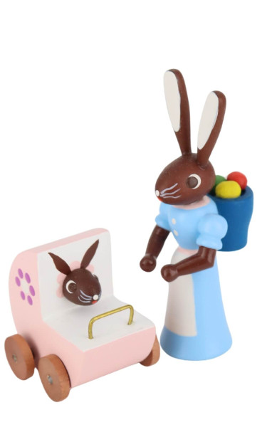 Easter bunny mother with pink baby carriage, 6 cm, colored by Stephan Kaden_1