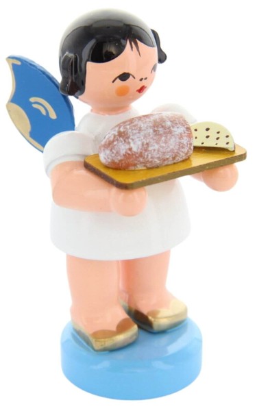 Christmas angel standing with stollen board and blue wings by Figurenland Uhlig GmbH