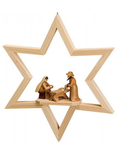 Fensterschmuck Stern mit Christi Geburt, natur, zum hängen, 23 cm, Robbi Weber Seiffen/ Erzgebirge
