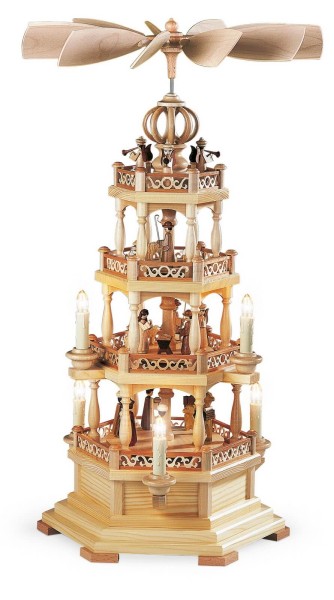 Weihnachtspyramide Heilige Geschichte mit Engeln, 2 - stöckig, natur, 230 V ,64 cm, hergestellt von Müller Kleinkunst aus Seiffen