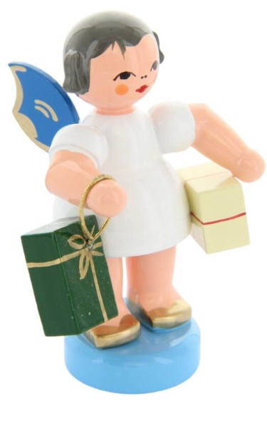 Christmas angel with 2 presents and blue wings by Figurenland Uhlig