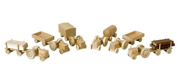 Wooden Car tractor with wagon, 6 pieces, nature 7,5 cm, Spielalter ab 3 Jahre, Robbi Weber Seiffen/ Erzgebirge