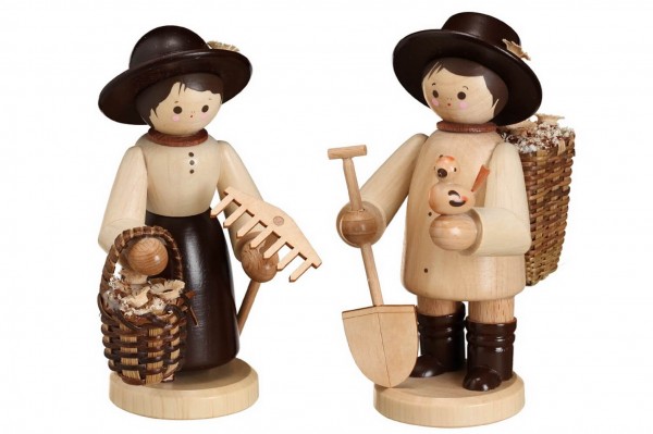 German Wooden Figurin Gardener Couple, nature, 12 cm, Romy Thiel Deutschneudorf/ Erzgebirge
