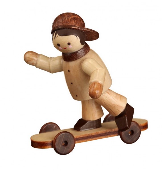German Wooden Figurin Felix with Skateboard, mini - nature, 4 cm, Romy Thiel Deutschneudorf/ Erzgebirge