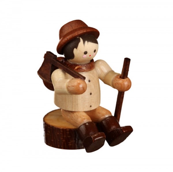 German Wooden Figurin Wood Man on a tree trunk, mini - nature, 4 cm, Romy Thiel Deutschneudorf/ Erzgebirge