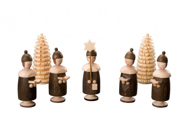 Albin Preißler Kurrendefiguren mit Mütze, 5 Stück und 2 Ringelbäumchen, natur