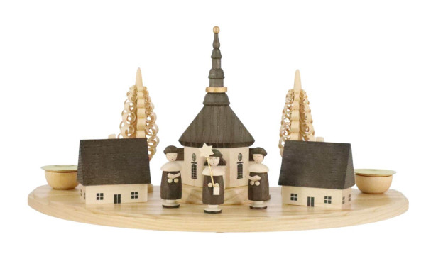 Candle holder with Seiffen village and currende, natural, 30 cm by Albin Preißler_1