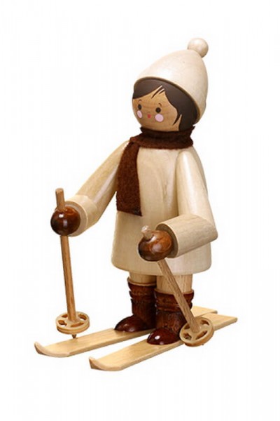 German Wooden Figurin Skier, big, nature, 11,5 cm, Romy Thiel Deutschneudorf/ Erzgebirge