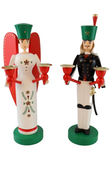 Angel and miner for wax candles, 26 cm, colored by Richard Glässer