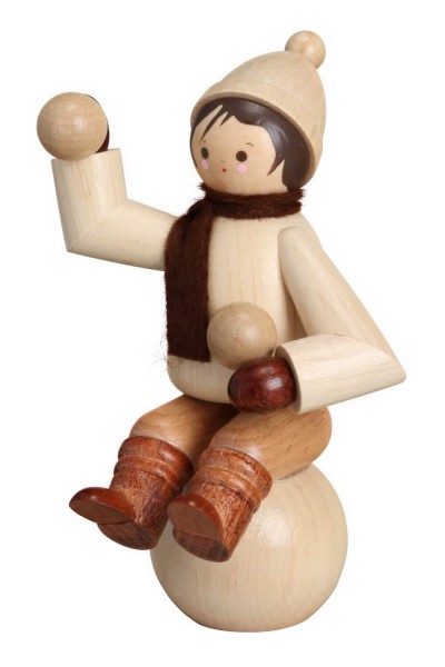 German Wooden Figurin Winterchild on a Snow Globe, nature, 11 cm, Romy Thiel Deutschneudorf/ Erzgebirge