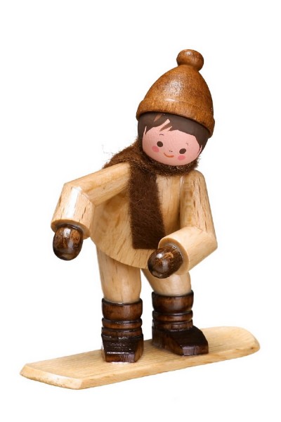 German Wooden Figurin Winterchild with Snowboard, nature, 6 cm, Romy Thiel Deutschneudorf/ Erzgebirge