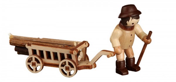 German Wooden Figurin Wood Man with hand cart, mini - nature, 4 cm, Romy Thiel Deutschneudorf/ Erzgebirge