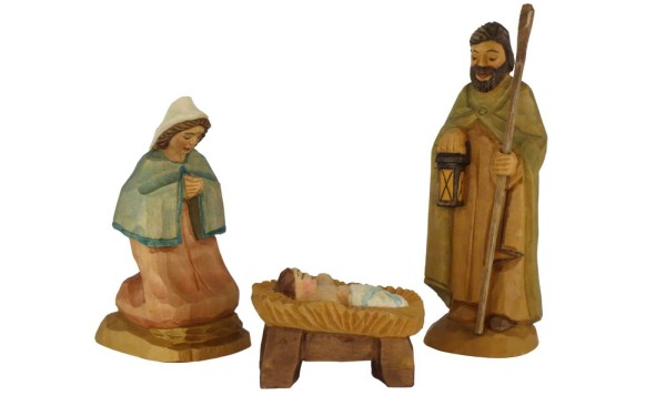 Holy Family, 3-parts, colored, carved, 12 cm by Schnitzkunst aus dem Erzgebirge