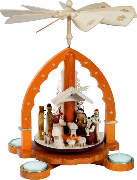 Weihnachtspyramide Christi Geburt, natur, für Teelichter, 27 cm, Richard Glässer GmbH Seiffen/ Erzgebirge