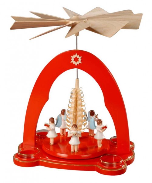  Albin Preißler, Weihnachtspyramide mit 5 Engel, rot, 28 cm 