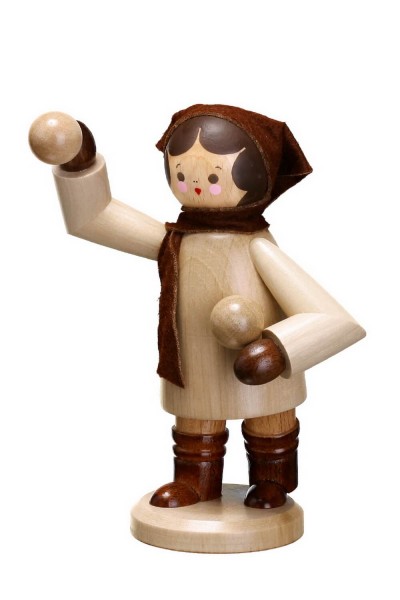 German Wooden Figurin Girl with Snowball, nature, 11,5 cm, Romy Thiel Deutschneudorf/ Erzgebirge