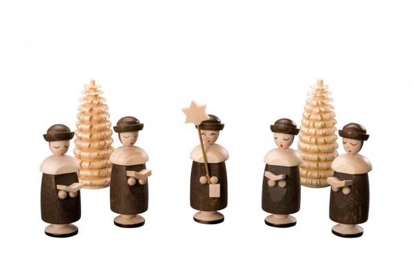 Albin Preißler Kurrendefiguren mit Hut, 5 Stück und 2 Ringelbäumchen, natur