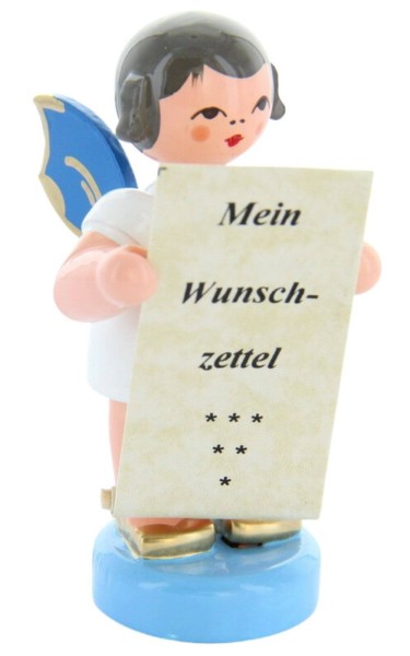Christmas angel with wish list and blue wings by Figurenland Uhlig