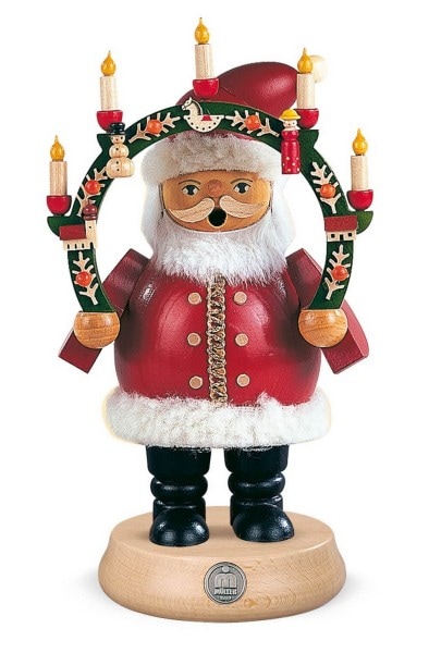 Smoking man Santa Claus with candle arch made of wood by Müller Kleinkunst from Seiffen