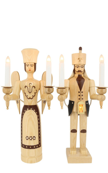 Engel und Bergmann mit Bauchlampe, 38 cm, elektrisch beleuchtet, natur von SEIFFEN.COM_1
