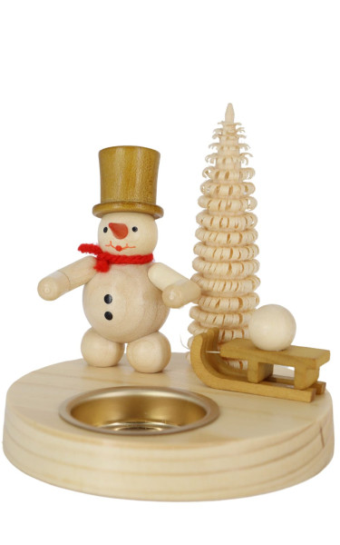 Tea light holder snowman with sledge, 10 cm, natural by Ralf Zenker