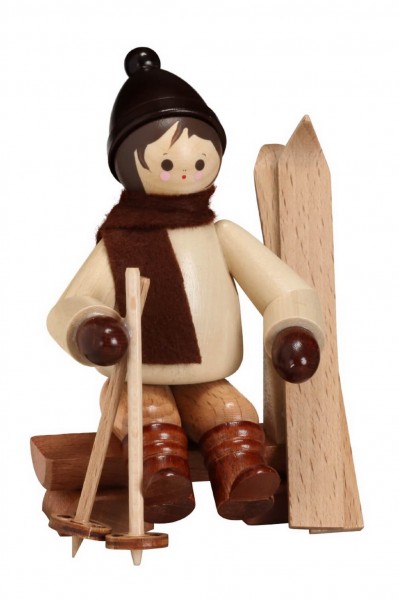 German Wooden Figurin Winterchild on a Bench, nature, 9,5 cm, Romy Thiel Deutschneudorf/ Erzgebirge