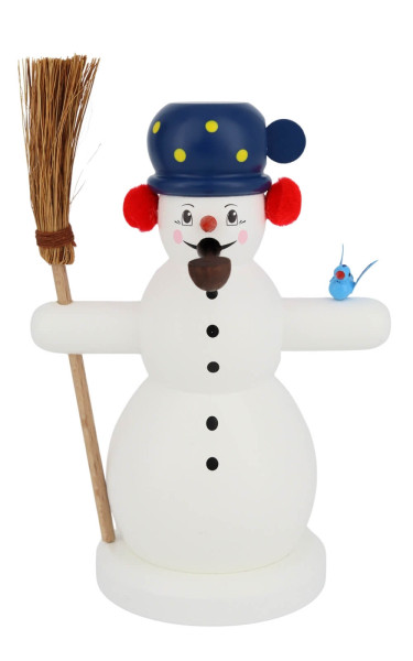 Smoking man snowman with broom and bird, 15 cm / 5,9 inch, coloured by Richard Glässer_1